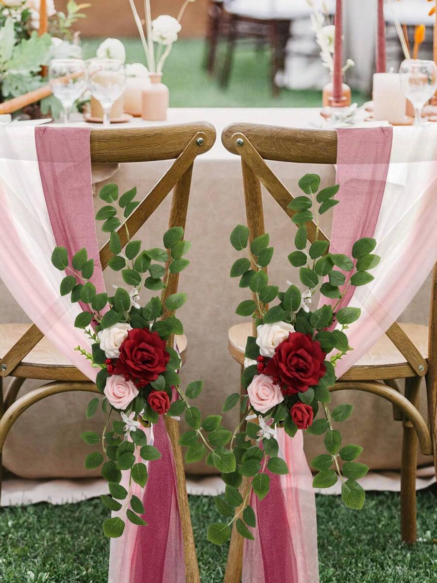 2 Pcs/Set Wedding Aisle Chair Decorations Chairs Back Pew Rose Flowers ...