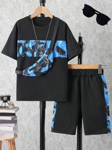 Ensemble Top à manches courtes décontracté et shorts avec sac bandoulière, imprimé éclair, pour garçons et adolescents, printemps/été