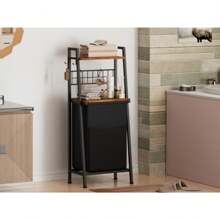 2 Tiers Laundry Hamper With Wooden Shelf And Hooks, Vertical Laundry Basket With Pull-Out And Removable Bag, Clothes Hamper With Divided Bag For Laundry Room, Bathroom, Bedroom, Dorm - Brown - View 5