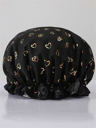 QINGMYU 2-Layer Waterproof Shower Cap, Fashionable Foil Heart Print