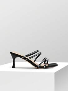 Women Rhinestone Summer Mule Sandals, Square Open Toe Slip On Low Heeled Sandals For Prom, Wedding, Party - 黑色/萊茵石 - 查看 7