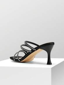 Women Rhinestone Summer Mule Sandals, Square Open Toe Slip On Low Heeled Sandals For Prom, Wedding, Party - 黑色/萊茵石 - 查看 8