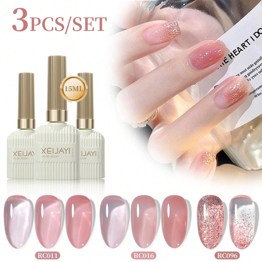 Shein Multicolor 3Pcs/Set 15Ml Gel Nail Polish Kit, Gel Nail Polish Set, Removable Uv/Led Gel Nail Polish, Suitable For Home Manicure Salon And Christmas Diy Nails