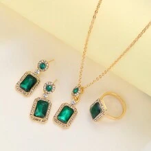 4入組簡約款綠色鑽石耳釘、項鍊、戒指珠寶套裝,適用於度假、約會、日常穿著和送禮 - 綠色 - 查看 5