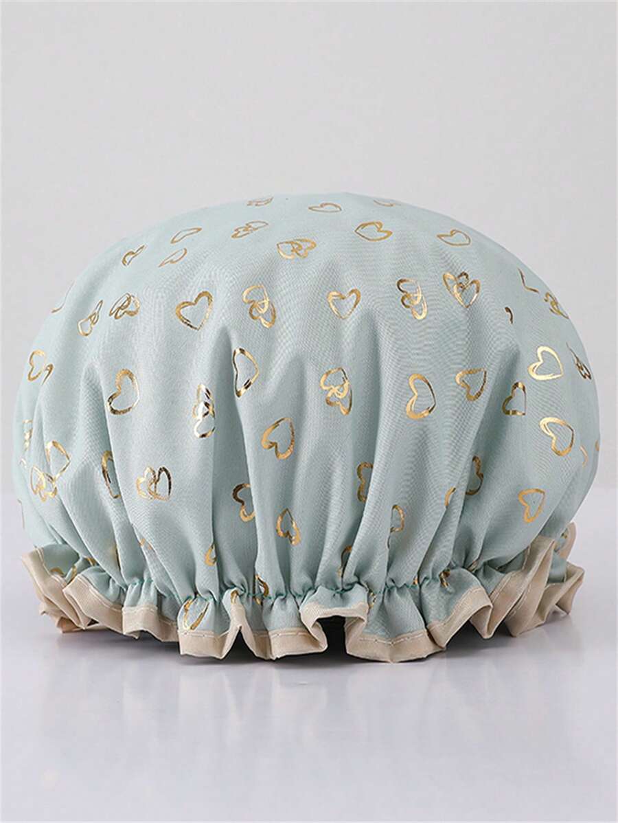 QINGMYU 双层防水浴帽，时尚铝箔心形印花 - 綠色 - 查看 1