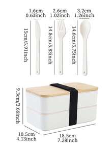 1入組雙層日式竹木便當盒,帶肩帶和餐具,壽司便當盒 - 黑色 - 查看 5