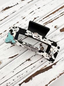 1 Pc Western Cowhide Cowboy Hat Cow Head Turquoise Stone Decor Hair Claw Clip For Women Mid-West Hair Accessories Boho,Claw Clips,Hair Jaw Clip,Hair Clutch