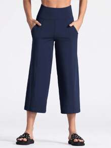 GEMCHO Women' Yoga Ultra Loose Pants With Pockets And Tummy Control High Waist In Flare Crop Spring/Summer - Navy Blue - View 5