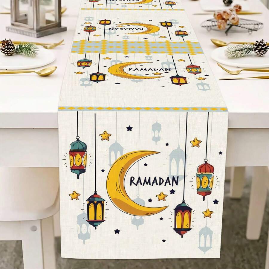 1pc Cartoon Star And Moon Design Table Runner, Imitation Linen Rectangular Indoor/Outdoor Festival Decor For Dining Table And Cabinet, Suitable For /, Home, Restaurant, Living Room Decoration, All Seasons - Multicolor - View 1