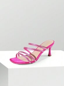 Women Rhinestone Summer Mule Sandals, Square Open Toe Slip On Low Heeled Sandals For Prom, Wedding, Party - 亮粉紅色-萊茵石 - 查看 6
