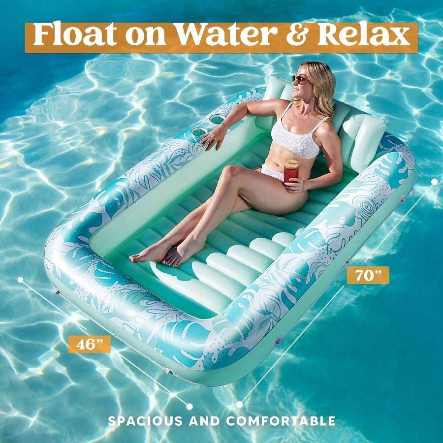 Inflatable Tanning Pool Lounger Float With Sprinkler, 77" X 48" Pool Floats Adult With Pillow, 6 In 1 Suntan Tub Raft Floatie
