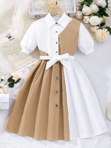 Tween Girl Open Placket Bubble Sleeve Color-Blocking Dress With Belt