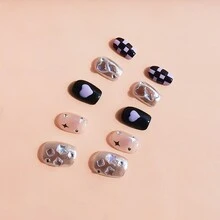 10入組黑色紫色y2k千禧年後鏡面棋盤心形鑲嵌鑽石,純手工美甲 - 彩色 - 查看 10