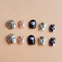 10入組黑色紫色y2k千禧年後鏡面棋盤心形鑲嵌鑽石,純手工美甲 - 彩色 - 查看 9