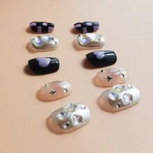 10入組黑色紫色y2k千禧年後鏡面棋盤心形鑲嵌鑽石,純手工美甲 - 彩色 - 查看 6