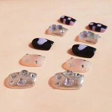 10入組黑色紫色y2k千禧年後鏡面棋盤心形鑲嵌鑽石,純手工美甲 - 彩色 - 查看 5