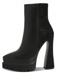 Rhinestone Women's Ankle Boots Stacked Platform Chunky Block High Heel Pointed Toe Booties Zipper Black Shoes - 黑色 - 查看 2