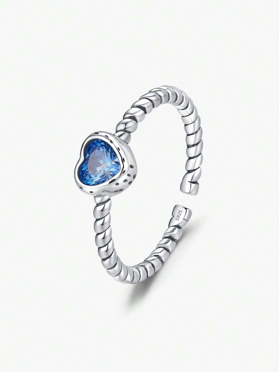 MODIAN 925純銀藍色鋯石心形復古開口調節戒指，復古時尚優雅，適用於女士派對珠寶