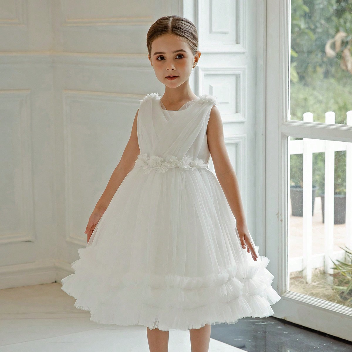 Vestido de fiesta elegante blanco para niña, vestido de princesa con malla formal de flores 3D, adecuado para regalo de cumpleaños de niña, fiesta,