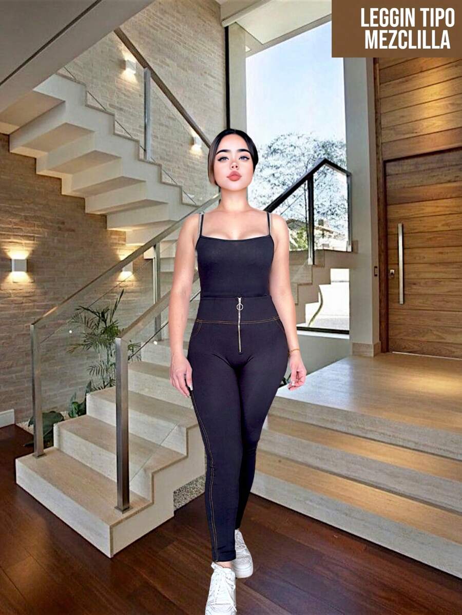 DENIM EFFECT LEGGINS - WALNUT ZIPPER - View 1