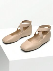Women's Flats Square Toe Slip-On Ballet Flats Comfortable Dress Elastic Ankle Straps Flats Shoes - 杏色 - 查看 5