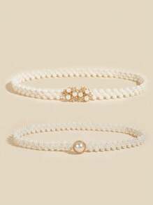 2pcs Women Pearl Elastic Waist Chain With Gold Flower & Bow Accent, Suitable For Evening Dress, Parties, Weddings, Mother's Day Gift