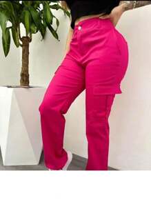 PANTALON CON BOLSAS DE CARGO  GABARDINA RIGIDA BASICA - Rosa Fucsia - Ver 4