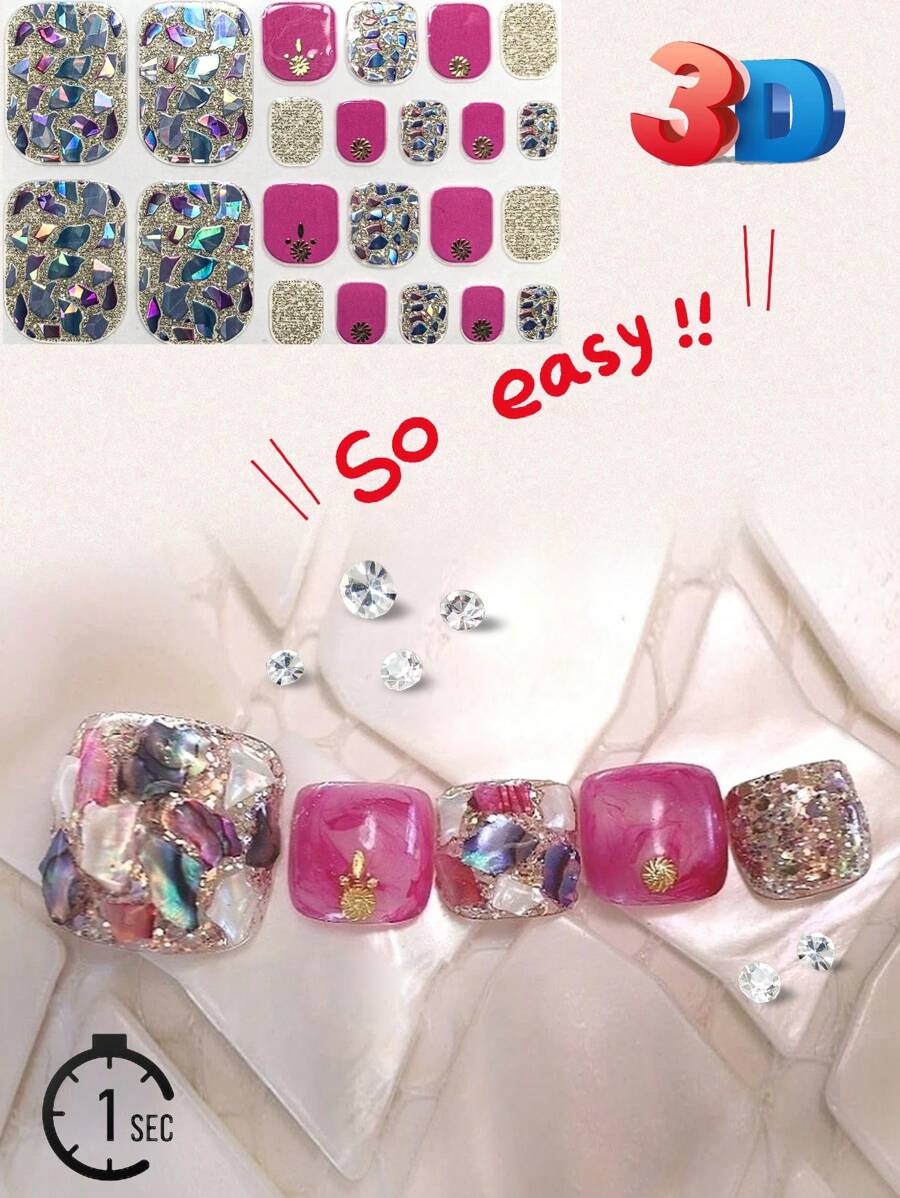 22入組粉色貝殼熱燙腳尖美甲貼紙，帶海灘貝殼和海洋元素，DIY - 彩色 - 查看 1