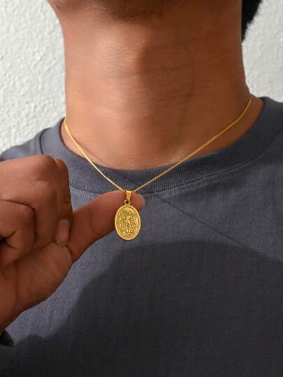 A5675 1pc European-Style Fashionable Stainless Steel Oval Pendant Men's Necklace Daily Accessory