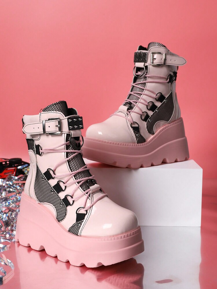 Women Street Round Toe Lace-Up Platform Ankle Boots, Punk Style  Combat Boots With Heels & Buckled Decorations,  Spring Summer Travel Shoes, St Patrick Day - Pink - View 1