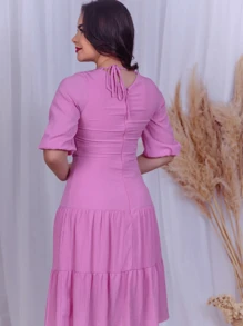 Vestido Midi Elegante Soltinho Manga 3/4 Casamento Convidada - Rosa Bebê - Visão 2