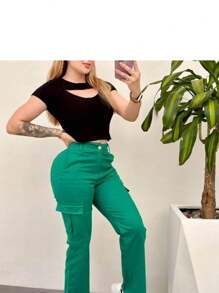 PANTS WITH RIGID GABARDINE CARGO BAGS - Lime Green - View 4