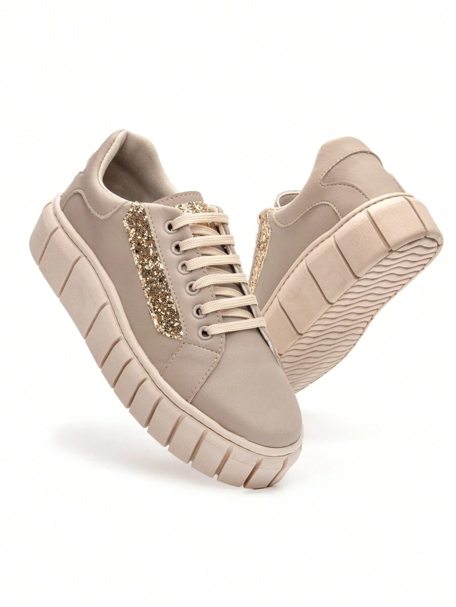 Women Wedge Sneakers - 香草與金色水鑽 - 查看 1