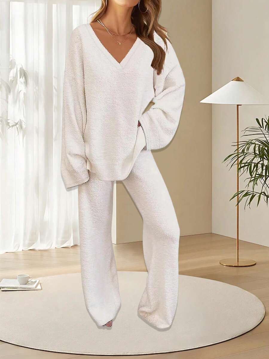 Ensemble de vêtements de détente printaniers confortables et oversize avec haut à col en V et manches longues et pantalon, de couleur unie, 2 pièces