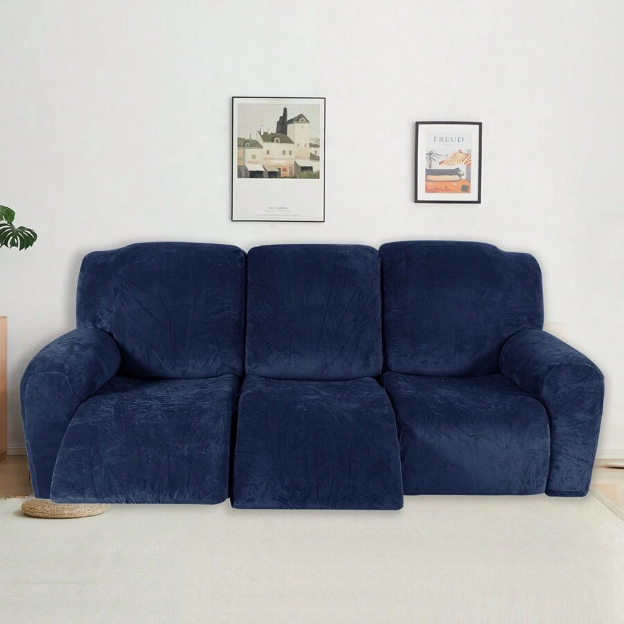 3 Seater Recliner Sofa Cover Velvet Stretch Reclining Couch Slipcover Thick Soft Washable Covers With Side Pocket For Reclining Sofa Protector 8pcs/Set - Navy Blue - View 1