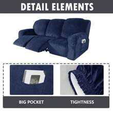 3 Seater Recliner Sofa Cover Velvet Stretch Reclining Couch Slipcover Thick Soft Washable Covers With Side Pocket For Reclining Sofa Protector 8pcs/Set - Navy Blue - View 3