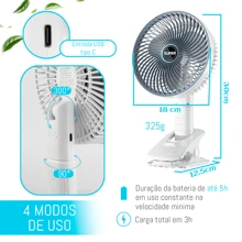 Ventilador Mesa Portátil Multifunção USB Recarregavel Silencioso 3 potencias com Clipe 3 Pás 4 Modos - Branco - Visão 4