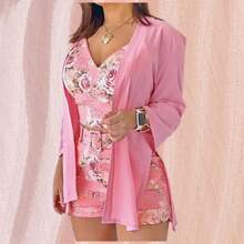 Conjunto 3 piezas crop top short y cardigan - Rosa - Ver 3