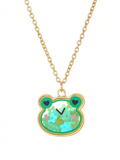 1pc Cartoon Frog Shaped Pendant Necklace With Glitter Detail, Best Friends Gift For Girls