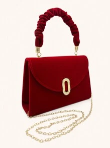 SIIZA 红色大号女士手拿包闪亮水钻晚宴包舞会手提包带可拆卸链条适合婚礼天鹅绒优雅，完美搭配新年服装 - 紅色 - 查看 4