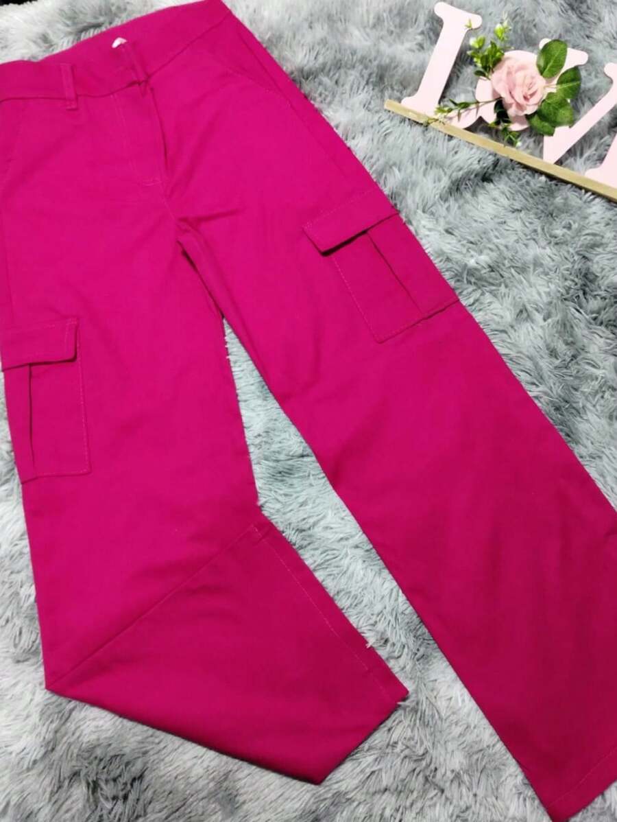 PANTALON CON BOLSAS DE CARGO GABARDINA RIGIDA BASICA - Rosa Fucsia - Ver 1