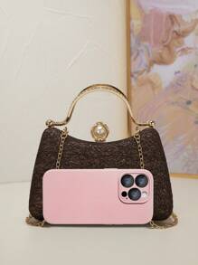 Mini Handheld Luxurious Elegant Lace, Pearl & Rhinestone Box Clutch Purse, Suitable For Weddings/Formal Events - Coffee Brown - View 7