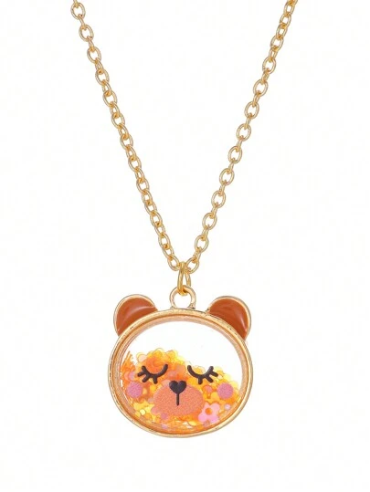 1pc Cartoon Cute Bear Shaped Pendant Necklace With Glitter For Girls, Best Friend Gift