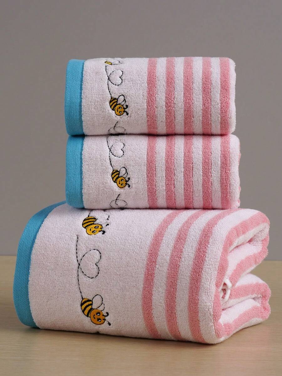 QIBHI 1/3件可選,卡通刺繡小蜜蜂浴巾或面巾,居家條紋吸水面巾/浴巾,適用於浴室、游泳池 - 粉色 - 查看 1