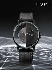 TOMI 时尚简约青少年智能手表，个性化镂空透视表盘半表盘真皮表带手表 - 黑色 - 查看 1