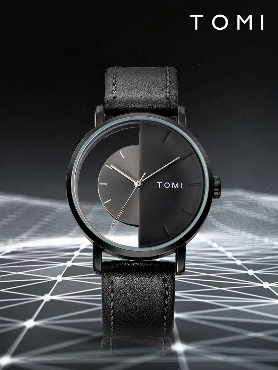 TOMI 时尚简约青少年智能手表，个性化镂空透视表盘半表盘真皮表带手表 - 黑色 - 查看 1