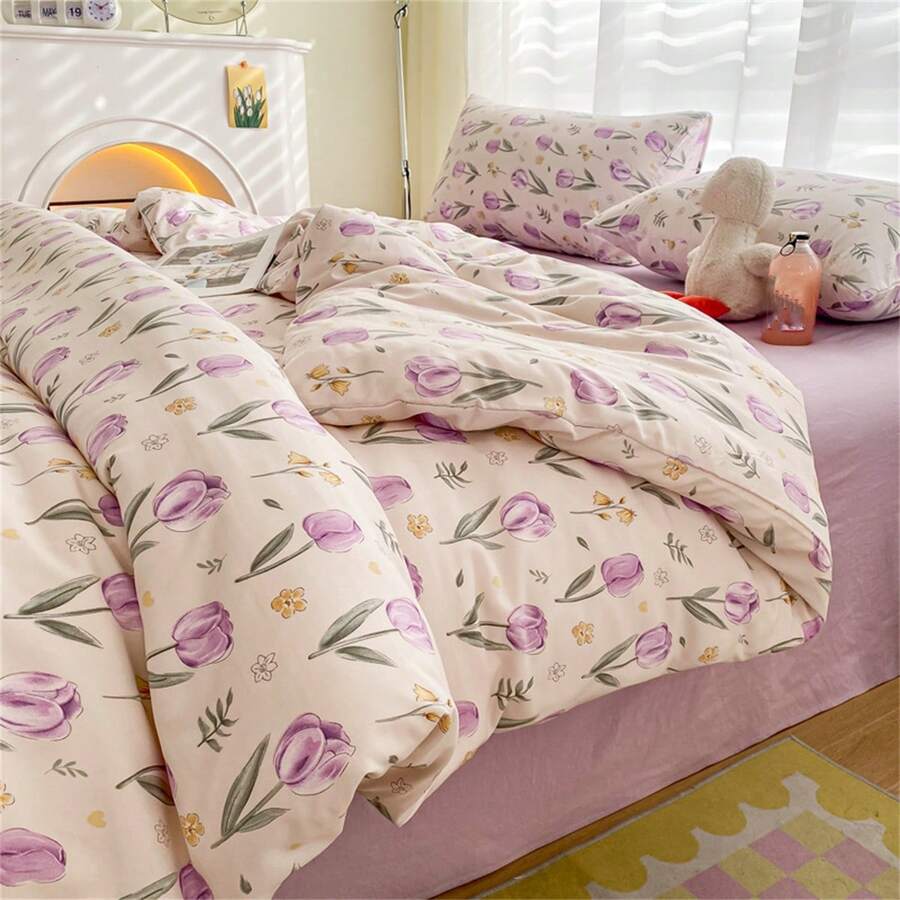 4 cái/bộ Hoạt hình In hoa Bộ vỏ chăn ( 1 Vỏ chăn Duvet , 1 Chăn Phẳng , 2 Vỏ gối , Đổ đầy ) , Tươi Bộ chăn ga gối Đối với Tất cả các mùa - Nhiều màu - Xem 1