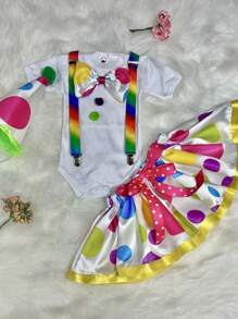 Disfraz de Payasita Niña con Pañalero Falda Tirantes Moño y Gorro - Blanco - Ver 1