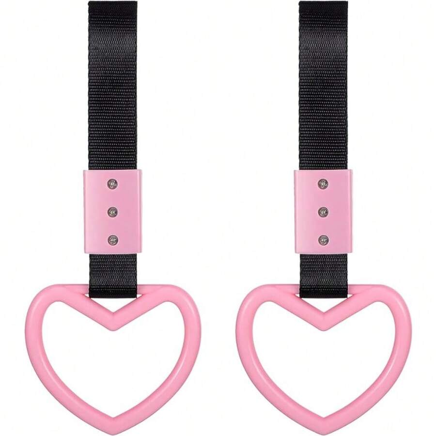 2 Pieces Heart Shaped Car Handle Straps Drift Charm Rear Bumper Warning Ring Decor Subway Bus Broken Heart Handle For Car Interior(Light Pink) - Pink - View 1