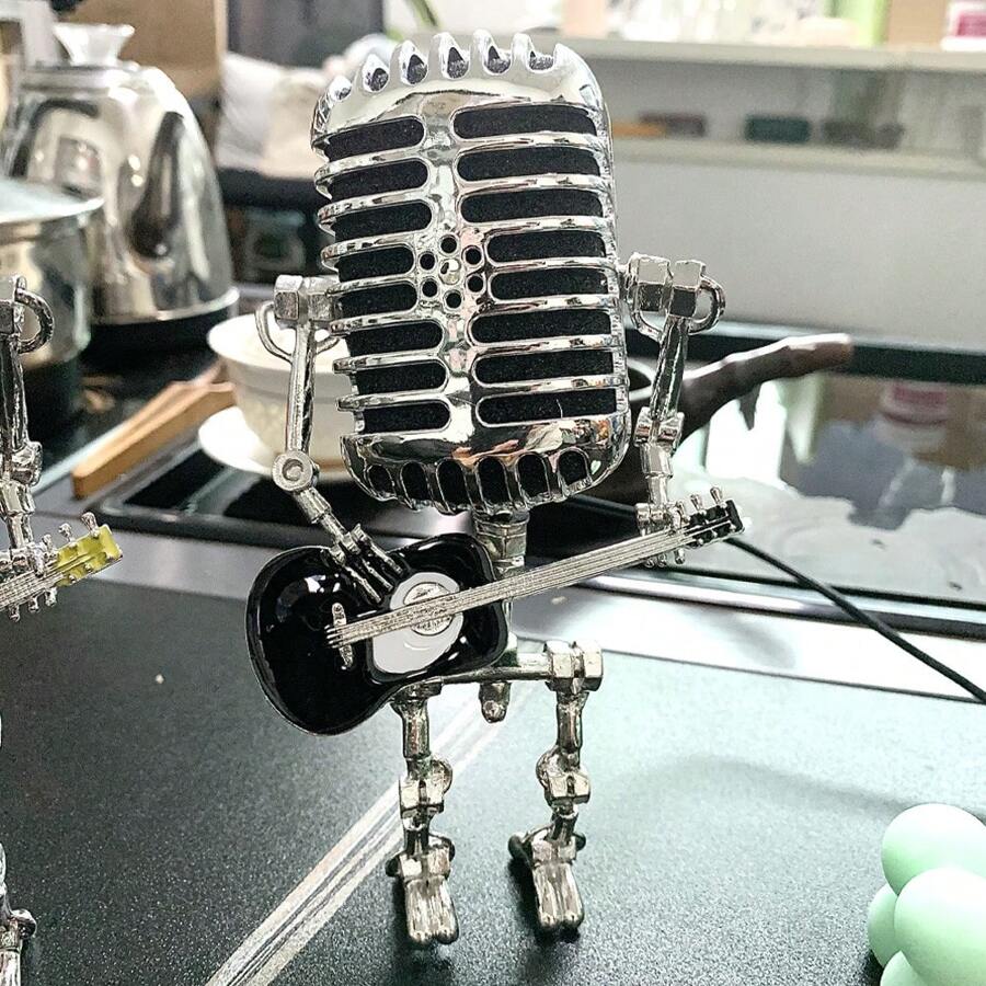 Microphone Guitar Robot Table Lamp, Vintage Home Decor, Perfect Valentine's Day Gift For Boyfriend Or Music Lover Boys, With Mini Guitar Metallic Microphone Guitar Light - Multicolor - View 1